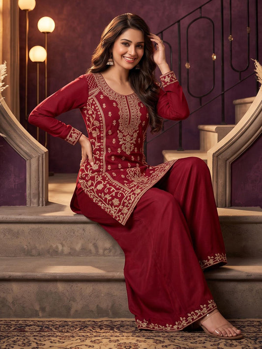 MaroonAll Over Beads Embroidered Palazzo Style Suit