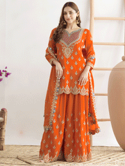 Orange Dabka Dori and Sequins Palazzo Style Suit