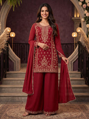 MaroonAll Over Beads Embroidered Palazzo Style Suit
