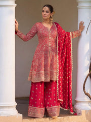 Georgette Red Color Embroidered Palazzo Suit