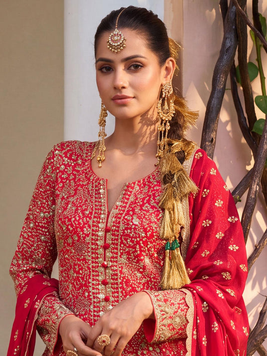 Georgette Red Color Embroidered Palazzo Suit