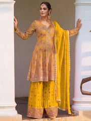 Georgette Yellow Color Embroidered Palazzo Suit