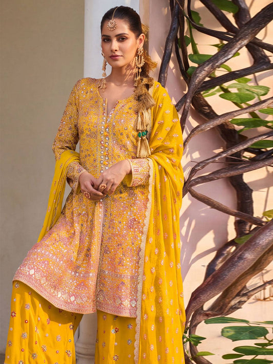Georgette Yellow Color Embroidered Palazzo Suit