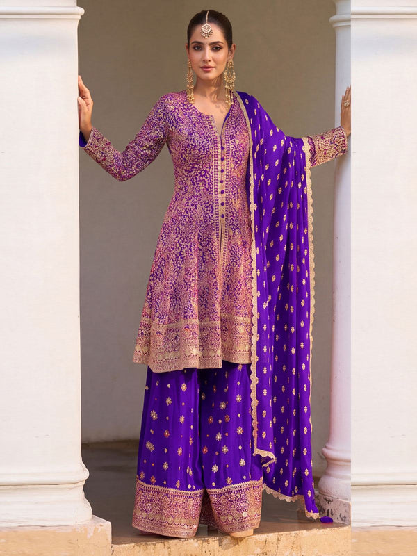 Georgette Purple Color Embroidered Palazzo Suit