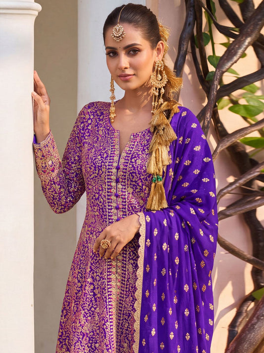 Georgette Purple Color Embroidered Palazzo Suit