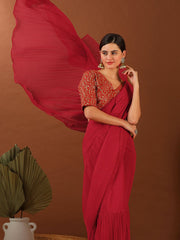 Maroon Accordian Pleat Ruffles Saree