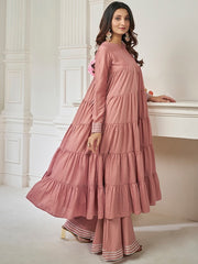 Peach Striped Round Neck Long Sleeves Gotta Patti Kurta with Sharara
