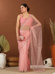 Pink Embellished Mukaish Net Saree