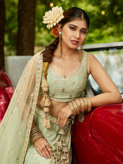 Lime Green colour Chinnon Sequinse embroidery Semi-Stitched Lehenga choli and Dupatta