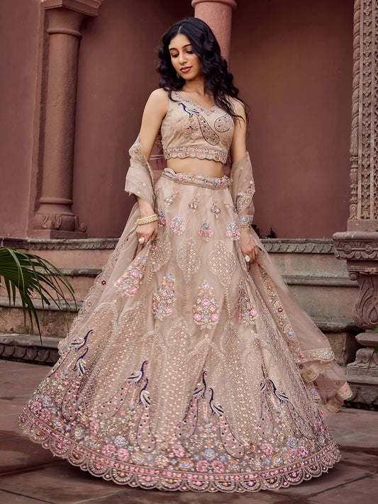 Beige  Net Fabric Sequins embroidery Semi Stitched Lehenga & Unstitched Blouse With Dupatta