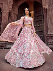 Pink  Net Fabric Sequins embroidery Semi Stitched Lehenga & Unstitched Blouse With Dupatta
