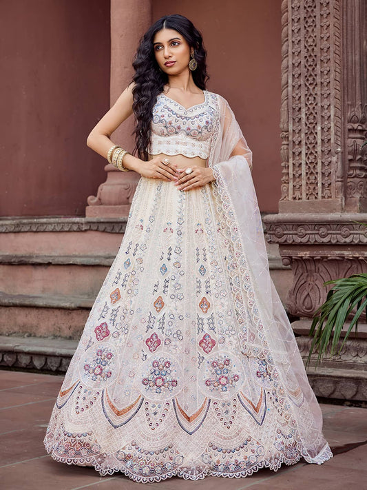 Cream  Net Fabric Sequins embroidery Semi Stitched Lehenga & Unstitched Blouse With Dupatta