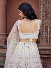 Cream  Net Fabric Sequins embroidery Semi Stitched Lehenga & Unstitched Blouse With Dupatta