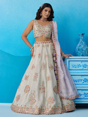Limegreen Tissue Sequinned and Zari Embroidered Semi Stitched Lehenga and Unstitched Blouse With Dupatta