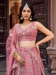 Rosegold  Net Fabric Sequins embroidery Semi Stitched Lehenga & Unstitched Blouse With Dupatta
