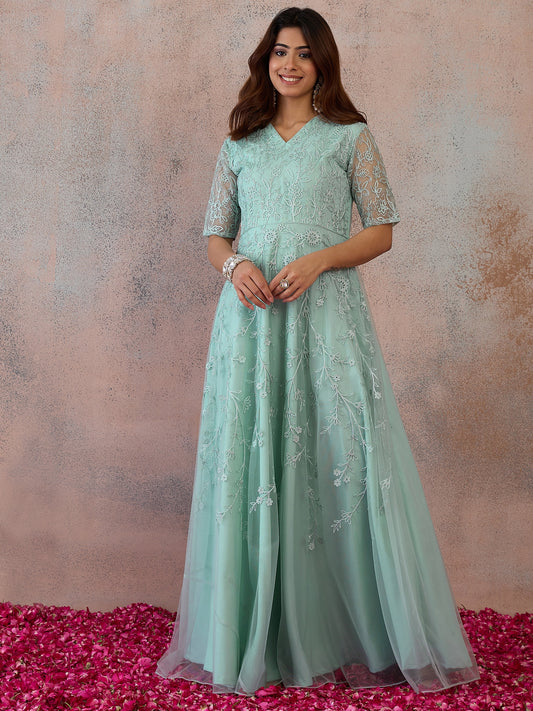 Embroidered V-Neck Gown Ethnic Dresses