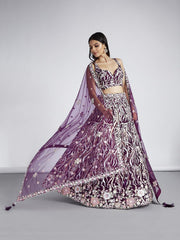 Burgundy Net Sequins and thread embroidery Semi Stitched Lehenga choli and Dupatta