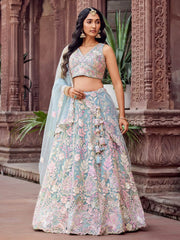 TURQUOISEBLUE  Net Fabric Sequins embroidery Semi Stitched Lehenga & Unstitched Blouse With Dupatta