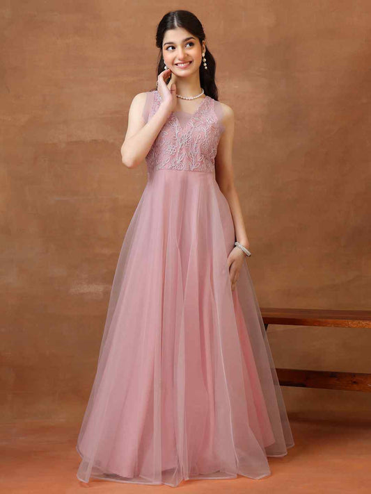 Embroidered V-Neck Maxi Ethnic Dresses