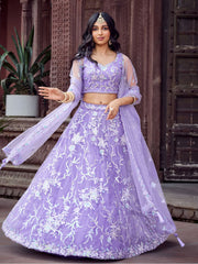 Mauve  Net Fabric Sequins embroidery Semi Stitched Lehenga & Unstitched Blouse With Dupatta