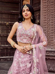 Pink  Net Fabric Sequins embroidery Semi Stitched Lehenga & Unstitched Blouse With Dupatta