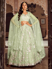 Limegreen  Net Fabric Sequins embroidery Semi Stitched Lehenga & Unstitched Blouse With Dupatta