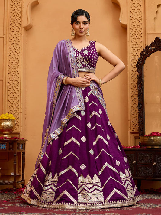 Burgundy Silk Fabric Sequins embroidery Semi-Stitched Lehenga & Unstitched Blouse With Dupatta