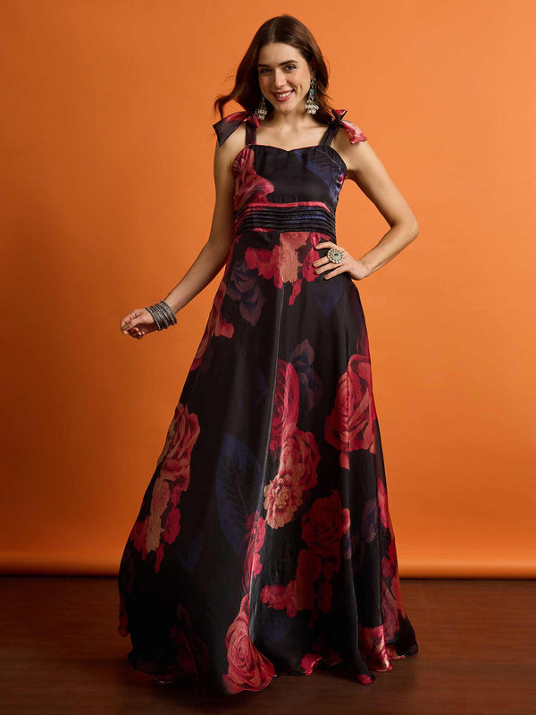 Floral Printed Square Neck Flared Maxi Dresses