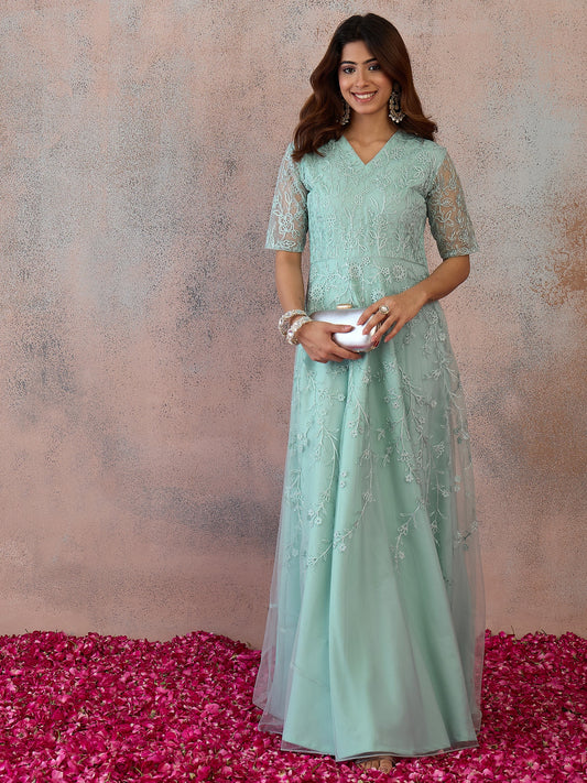 Embroidered V-Neck Gown Ethnic Dresses