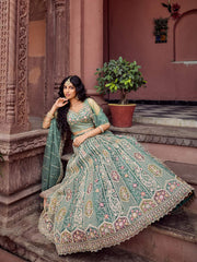 Limegreen  Net Fabric Sequins embroidery Semi Stitched Lehenga & Unstitched Blouse With Dupatta