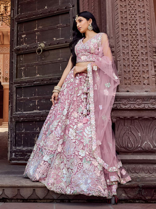 Pink  Net Fabric Sequins embroidery Semi Stitched Lehenga & Unstitched Blouse With Dupatta