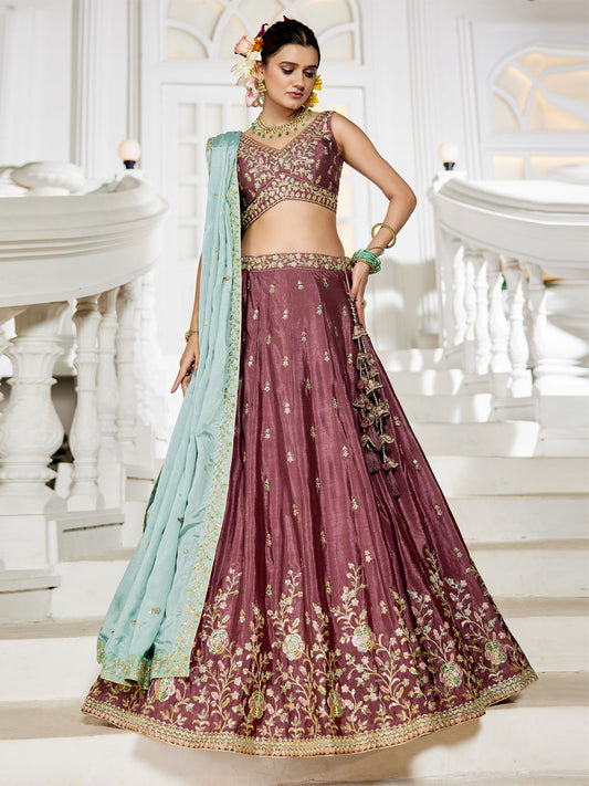 Rose gold colour Chiffon Sequinse embroidery Semi-Stitched Lehenga choli and Dupatta