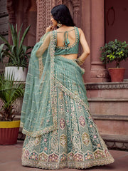Limegreen  Net Fabric Sequins embroidery Semi Stitched Lehenga & Unstitched Blouse With Dupatta