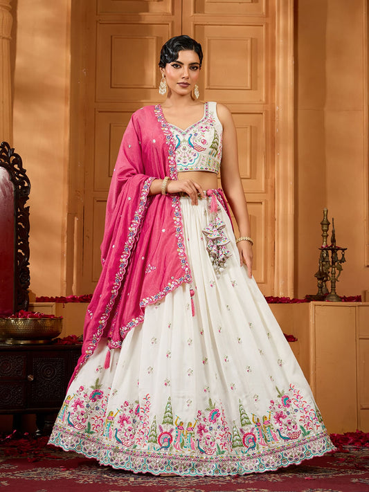 Cream Silk Fabric Sequins embroidery Semi-Stitched Lehenga & Unstitched Blouse With Dupatta