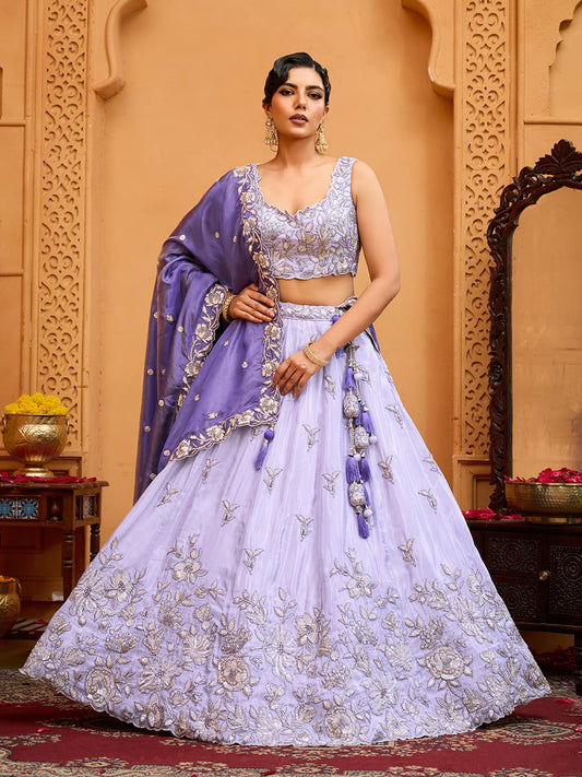 Lavender Tissue Fabric Sequins embroidery Semi-Stitched Lehenga & Unstitched Blouse With Dupatta