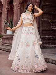 Cream  Net Fabric Sequins embroidery Semi Stitched Lehenga & Unstitched Blouse With Dupatta