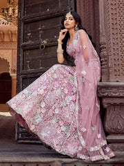 Pink  Net Fabric Sequins embroidery Semi Stitched Lehenga & Unstitched Blouse With Dupatta