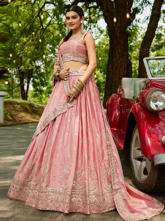 Pink colour Chiffon Sequinse embroidery Semi-Stitched Lehenga choli and Dupatta