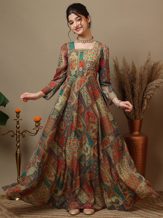Girls Ethnic Motifs Printed Square Neck Ethnic Dress