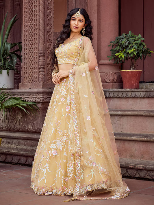 Yellow  Net Fabric Sequins embroidery Semi Stitched Lehenga & Unstitched Blouse With Dupatta