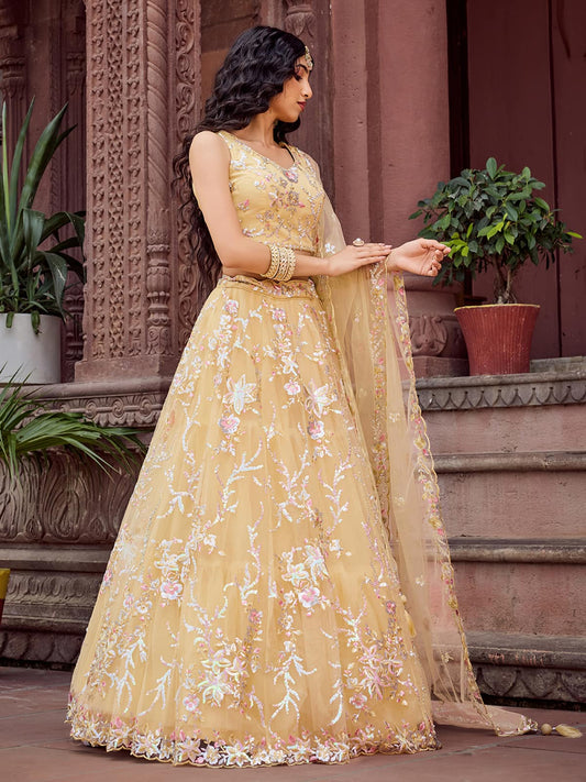 Yellow  Net Fabric Sequins embroidery Semi Stitched Lehenga & Unstitched Blouse With Dupatta