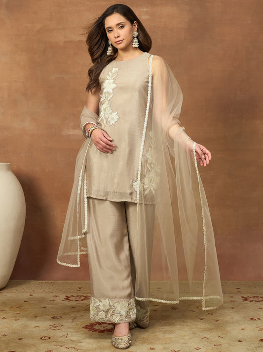 Women Floral Embroidered Regular Thread Work Kurta with Palazzos & With Dupatta