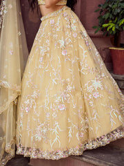 Yellow  Net Fabric Sequins embroidery Semi Stitched Lehenga & Unstitched Blouse With Dupatta