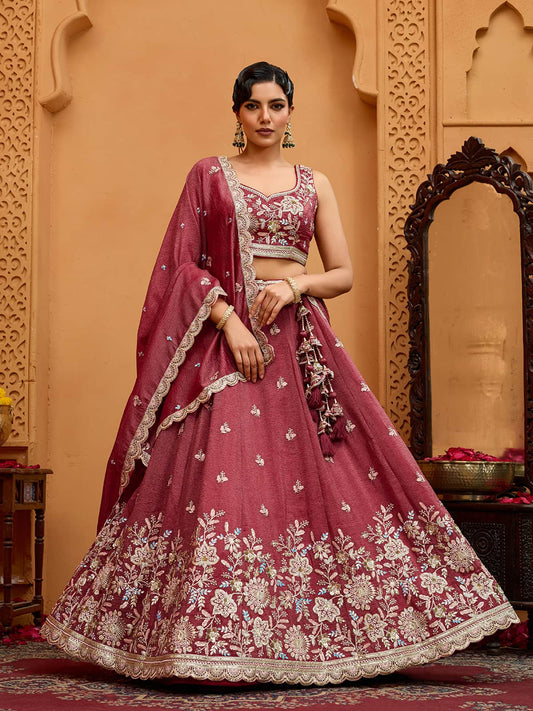 Rosegold Tissue Fabric Sequins embroidery Semi-Stitched Lehenga & Unstitched Blouse With Dupatta