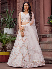 Cream  Net Fabric Sequins embroidery Semi Stitched Lehenga & Unstitched Blouse With Dupatta
