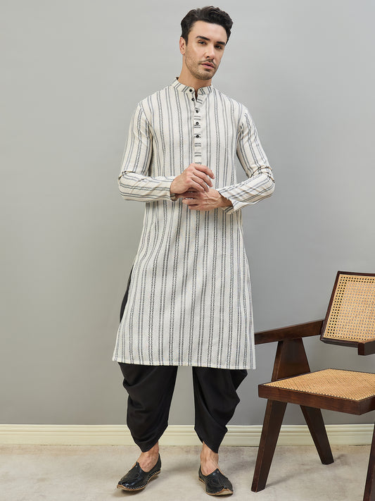 Striped Woven Design Mandarin Collar Calf Length Straight Kurtas