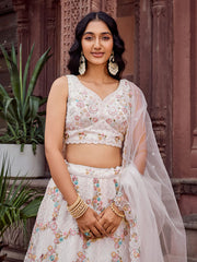 Cream  Net Fabric Sequins embroidery Semi Stitched Lehenga & Unstitched Blouse With Dupatta