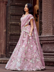 Pink  Net Fabric Sequins embroidery Semi Stitched Lehenga & Unstitched Blouse With Dupatta