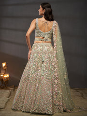 Sea green Net Multi Sequins with heavy Zarkan embroidery Semi-Stitched Lehenga choli and Dupatta