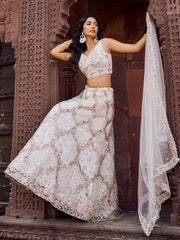 Cream  Net Fabric Sequins embroidery Semi Stitched Lehenga & Unstitched Blouse With Dupatta